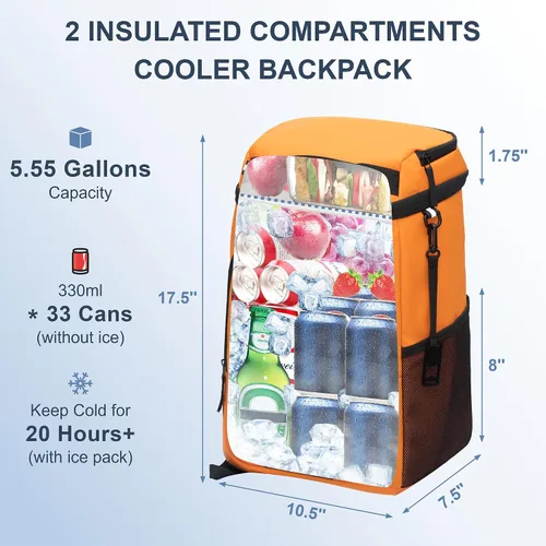 Miniatura 2 de SPARTER - Mochila enfriadora aislada a prueba de fugas para 33/49 latas, bolsa térmica con 2 compartimentos aislados, mochila de playa, viaje