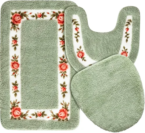 Miniatura 9 de Drydiet Juego de 3 alfombras de baño con rosas y flores, decoración de habitación, alfombra de baño floral en forma de U, antideslizante, Azul