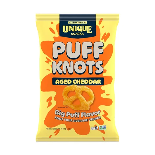 Unique Snacks Puff Knots, sabor a queso cheddar audaz y sabroso con un divertido crujido de pretzel, aperitivos sin gluten, 4.8 onzas, bolsa de