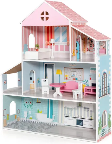 Miniatura 11 de HONEY JOY Casa de Muñecas Rosa, Casa de Muñecas de Madera para Niños con Balcón y Escaleras, 15 Piezas de Accesorios y Muebles Incluidos, Juguete