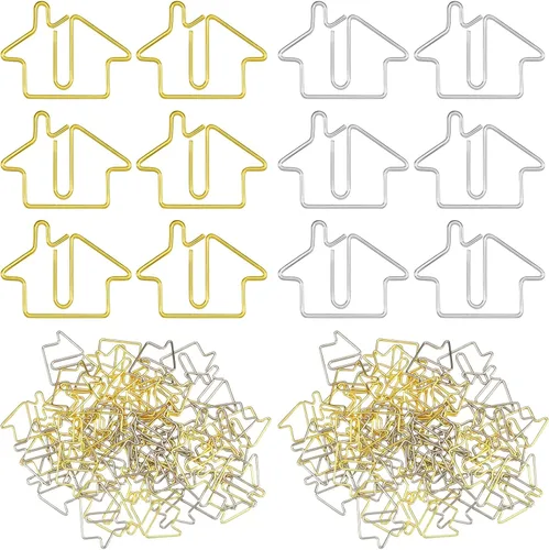 Miniatura 7 de Yeaqee 50 clips de papel en forma de casa, suministros de agente inmobiliario, color dorado y plateado, divertidos clips a granel para niños
