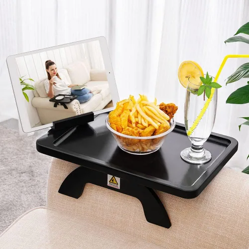 Miniatura 11 de SINWANT Mesa de Brazo para Sofá, Mesas de Reposabrazos de Sofá de Madera de Acacia, Mesa de Reposabrazos de Sofá con Soporte para Teléfono de 360°