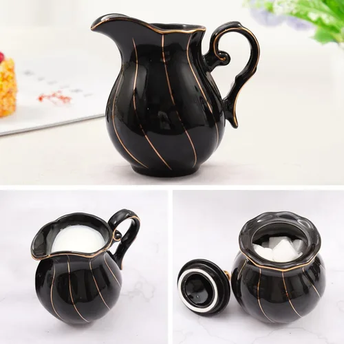 Miniatura 4 de DUJUST Black Cream & Sugar Set, diseño británico de lujo en bordes dorados, 1 azucarero con tapa (12 onzas), 1 crema (8 onzas), juego de crema
