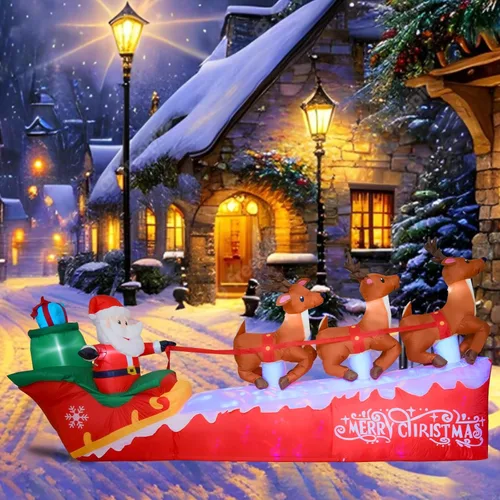 Miniatura 2 de Papá Noel inflable de Navidad de 10 pies en trineo con 3 renos, inflable para patio con luces LED integradas, decoración de fiesta navideña