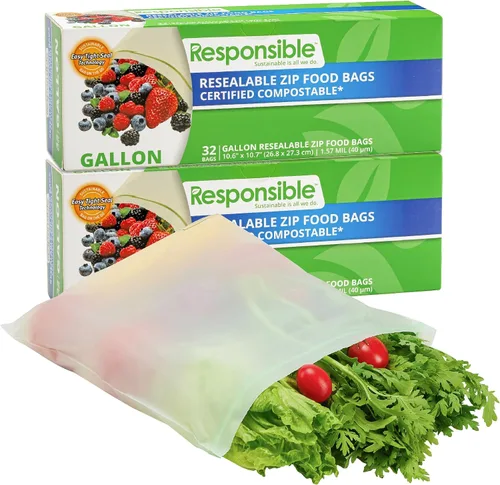 Miniatura 14 de Responsible Products Bolsa con cremallera resellable de gran galón compostable certificada, bolsas de alimentos extra resistentes, hechas