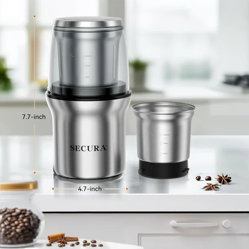 Miniatura 8 de Secura Molinillo de café eléctrico y molinillo de especias con 2 cuchillas de acero inoxidable cuencos extraíbles