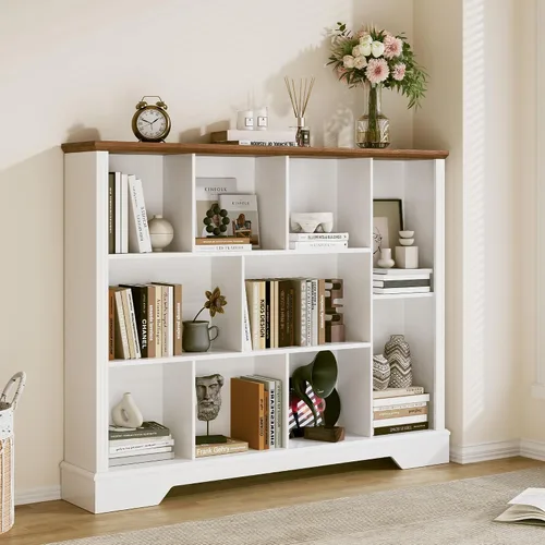 Miniatura 3 de Estantería de almacenamiento de 10 cubos, moderno organizador de almacenamiento de madera de 3 niveles, estantería abierta con base para sala