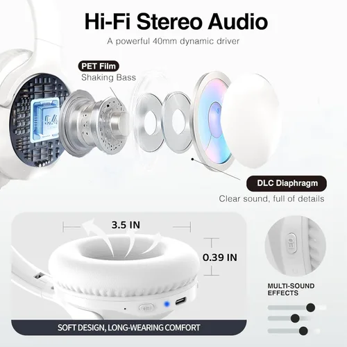 Miniatura 5 de MIDOLA Auriculares Bluetooth Over Ear 68H Tiempo de Reproducción 6 EQ Auriculares Inalámbricos con Micrófono HiFi Estéreo Plegables Ligeros Graves