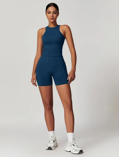 Miniatura 33 de Conjuntos de entrenamiento para mujer, 2 piezas, sin costuras, acanalada, sin mangas, brasier deportivo, cintura alta, pantalones cortos