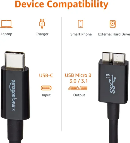 Miniatura 3 de Amazon Basics, Cable de carga rápida USB-C a Micro USB 3.1 Gen 2, 10Gbps de alta velocidad, 3 pies, color negro