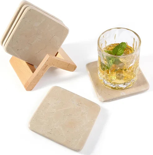 Juego de posavasos de mármol Koville de 5, posavasos cuadrados con soporte para bebidas, posavasos de 4" para tazas para mesa de café, oficina en