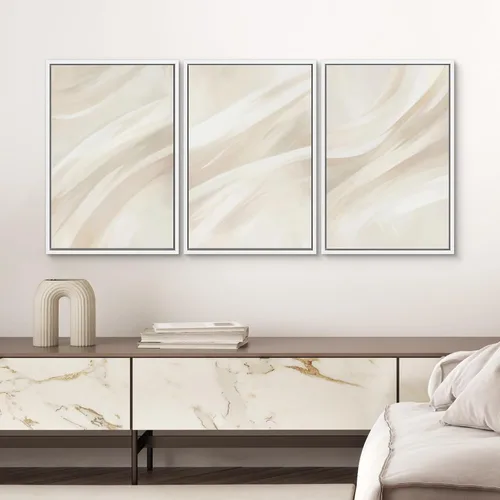 Miniatura 521 de SIGNWIN Lienzo enmarcado para pared, arte con pinceladas de flujo neutro en tonos beige abstractos, ilustraciones, arte moderno, decorativo