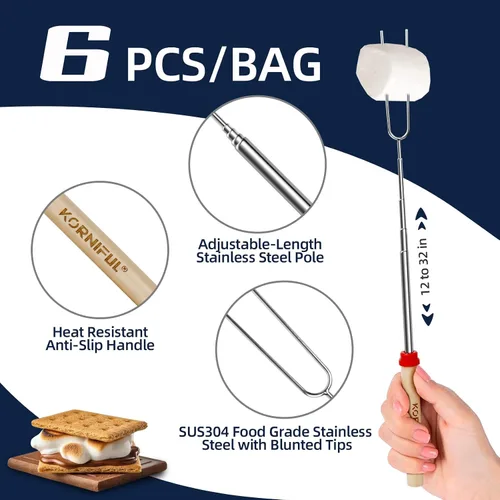 Miniatura 6 de Paquete de 6 palitos Smores para hoguera, kit de pinchos largos para asar malvaviscos de 32 pulgadas para fogata, tenedor para perros calientes