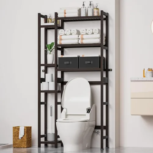Homde Organizador de Almacenamiento Sobre el Inodoro con Cesta y Cajón, Organizador de Baño de Bambú con Estante Ajustable y Patas Impermeables,