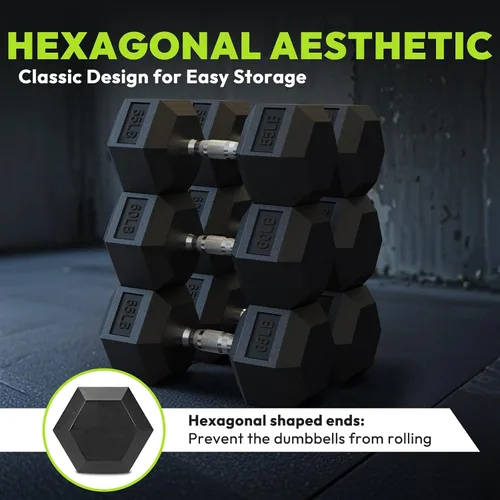 Miniatura 9 de HANDBODE Juego de mancuernas hexagonales de 45 a 640 libras, mancuernas de ejercicio y fitness con revestimiento de goma para gimnasio en casa