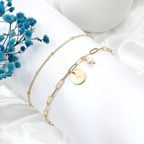 Miniatura 6 de Pulseras con inicial de oro para mujer, chapado en oro de 14 quilates, pulsera con inicial de letra, ajustable, con eslabones en capas, pulsera