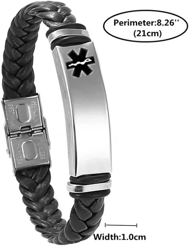 Miniatura 2 de Murinsar Pulsera de cuero con nombre personalizado grabado en hielo, para concienciación de enfermedades, alarma de identificación, salvavidas