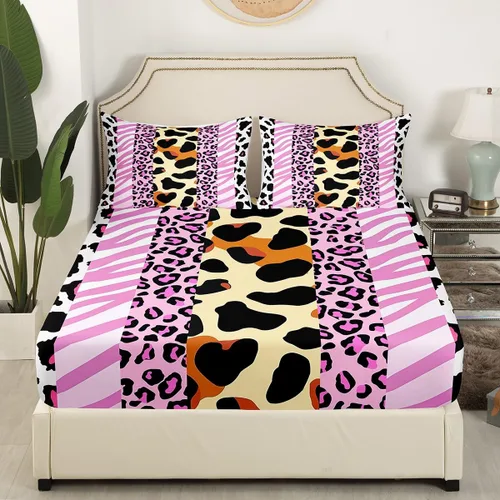 Miniatura 3 de Manfei Juego de sábanas de piel de animal, tamaño individual, juego de sábanas de 3 piezas con estampado de cebra de leopardo con sábana bajera