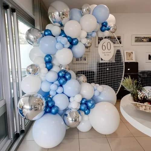 Miniatura 5 de Jobkoo Kit de arco de globos azul y blanco, guirnalda de globos de aluminio plateado 4D, globos de látex azul claro y plateado, globos de látex