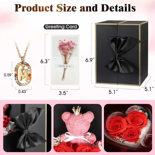 Miniatura 5 de Bonito regalo de oso de rosas reales preservadas con collares iniciales chapados en oro de 18 quilates para mujeres, día de la madre, cumpleaños