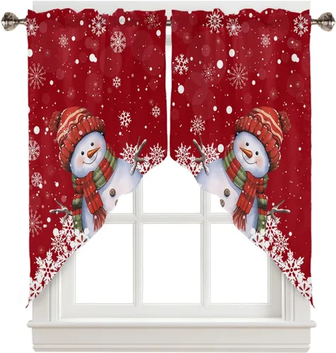 Miniatura 22 de BEMIGO Cortinas de cocina de Navidad, lindas cortinas de granja con muñeco de nieve azul, cenefa con bolsillo para barra de copos de nieve