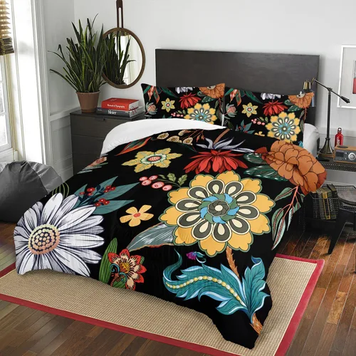 Miniatura 3 de Juego de edredón floral colorido de 3 piezas, juego de ropa de cama botánica bohemia tamaño queen, diseño boho de granja con flores y hojas impresas