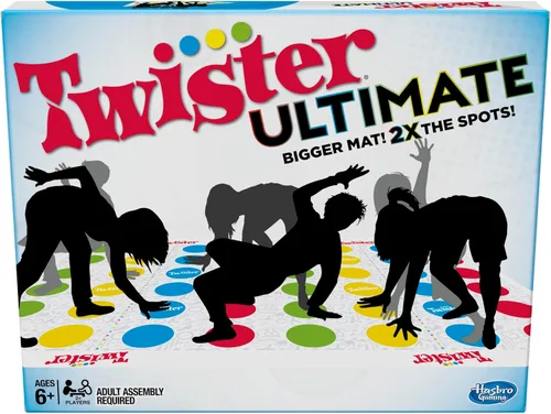 Hasbro Gaming Twister Ultimate: Tapete más grande, más puntos de colores, juego familiar de fiesta para niños de 6+ años; compatible con Alexa