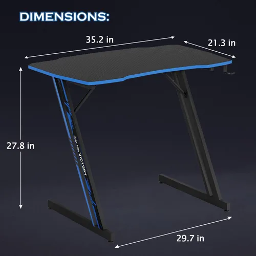 Miniatura 3 de PayLessHere Mesa de Juegos de 35" Azul Escritorio de Computadora en Forma de Z con Marco de Acero, Gancho para Auriculares, Pies Ajustables