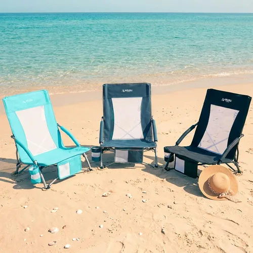 Miniatura 5 de Sillas de playa plegables bajas para adultos, silla de camping portátil ligera con soporte para tazas, silla de campamento plegable para conciertos