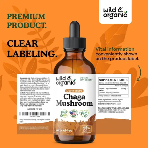 Miniatura 9 de Wild & Organic Suplemento de hongos Chaga – Apoyo inmunológico, digestivo y energético – Tintura de Chaga de rápida absorción – Añadir a gotas