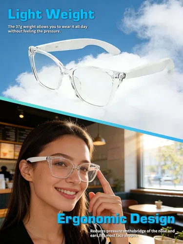 Miniatura 8 de Lentes inteligentes para mujer, con audio de oído abierto, Bluetooth con marco transparente, llamadas manos libres, cómodos de llevar para viajes