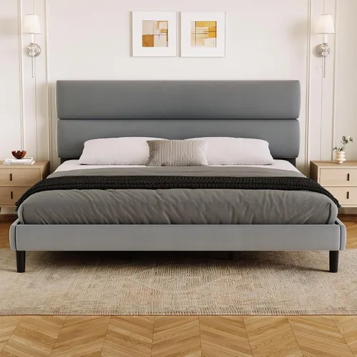 Miniatura 10 de GRUSIGN Base de cama de plataforma tamaño Queen con cabecera de terciopelo, soporte de listones de madera de altura ajustable, base de colchón Gris