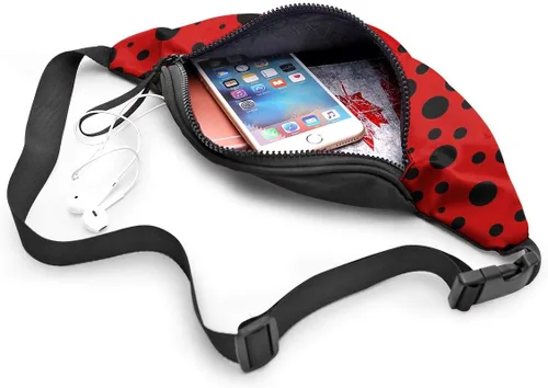 Miniatura 4 de Dujiea Riñonera con agujero para auriculares, bolsillo ajustable, bolsa de cadera para mujeres, hombres y niños, Lunares Mariquita