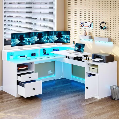 YITAHOME Escritorio en forma de L con tomas de corriente y luces LED, escritorio de esquina para computadora de 60" con cajones y tapa elevable,