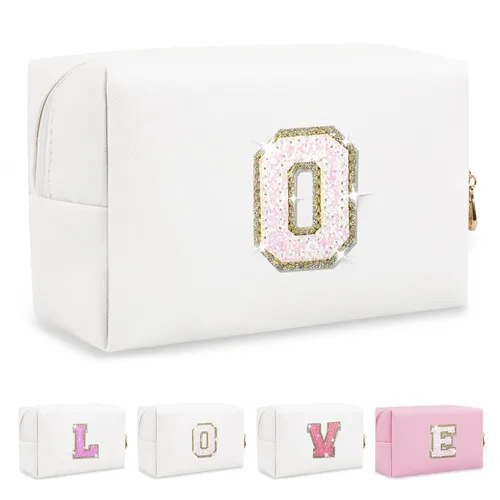 Miniatura 37 de Pequeña bolsa de maquillaje personalizada con inicial A-Z Preppy Patch, bolsa de cosméticos de viaje de felpilla blanca con cremallera, bonita bolsa