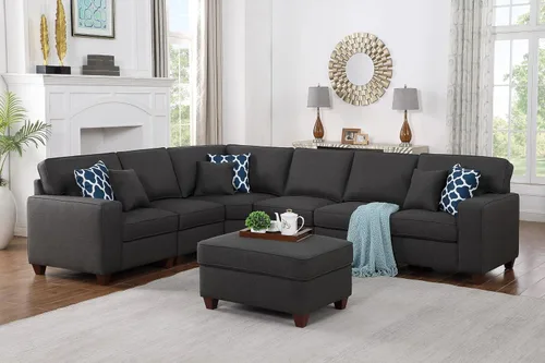 Miniatura 25 de Ball & Cast Sofá modular en forma de L de 127 pulgadas con otomana móvil y 6 cojines, sofá tapizado de felpilla de 7 asientos con 2 portavasos