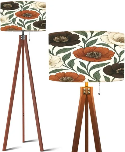 Wood Tripod Floor Lamp Boho Brown Green Orange Peony Floral Vintage Peony Flowers Various Mid Century Standing Lamp Linen Shade Dimmable Modern Tall