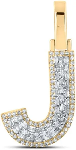 Colgante de oro amarillo de 10 quilates para hombre con letra inicial J con diamantes baguette 13 Cttw, Metal Gema, diamante blanco