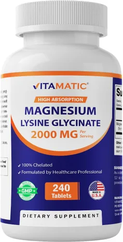 Vitamatic Magnesio como lisinato de glicinato - 240 tabletas - 100% magnesio quelatado - Apoya la relajación muscular, corazón y salud nerviosa* -