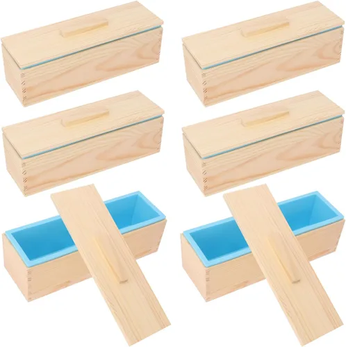 Paquete de 6 cajas de madera artesanales para hacer jabón, moldes de silicona de alta calidad de 42 onzas con caja de madera y tapa, ideal para