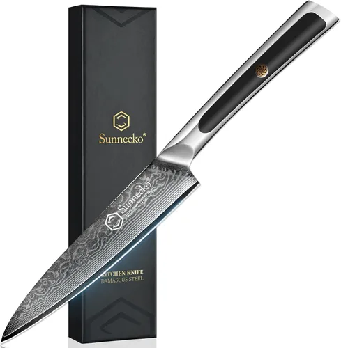 Miniatura 10 de Sunnecko Cuchillo de pelar de 3.5 pulgadas, cuchillo para frutas con hoja de acero damasquino VG-10 de 67 capas, cuchillo pequeño para pelar