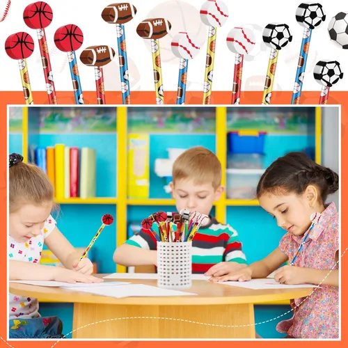 Miniatura 7 de Chivao Juego de 36 lápices deportivos y borradores para niños, béisbol, fútbol, fútbol, deportes, recuerdos de fiesta para estudiantes, papelería