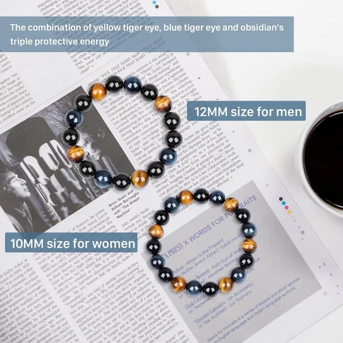 Miniatura 2 de Tiger Eye Bracelet men womenanti-anxiety courage and determination bracelet Black Obsidian Bead Triple Protection Bracelet Jewelry Genuine Crystal
