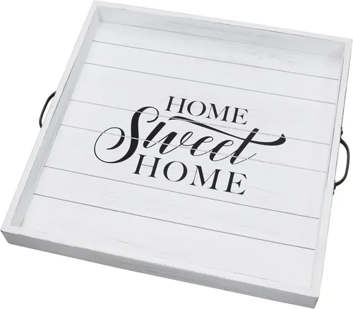 Miniatura 3 de Stonebriar Bandeja de madera decorativa casera dulce blanca desgastada cuadrada con manijas de metal
