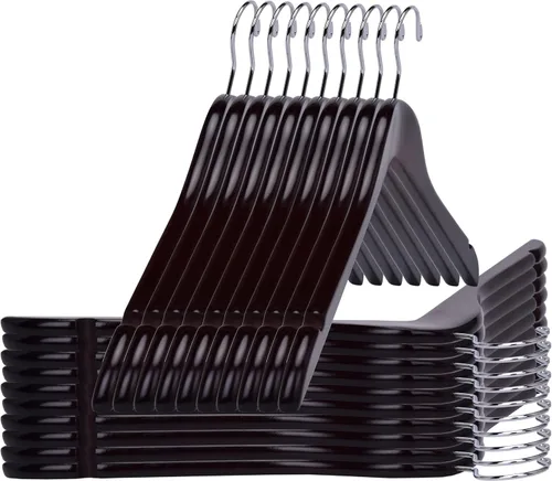 Miniatura 18 de Perchas de madera negra semicurvadas de calidad, paquete de 80 perchas de madera maciza con acabado liso con gancho giratorio, chaqueta, pantalón