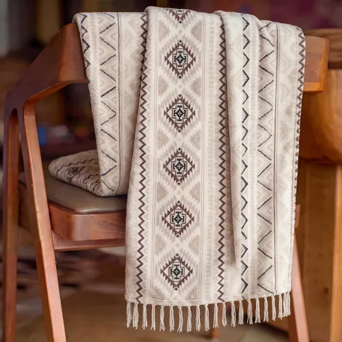 Miniatura 3 de CASAAGUSTO Manta Boho - Mantas Decorativas Beige y Gris con Borla, Manta Bohemia de Franela Estampada para Silla, Cama, Sofá, Sillón