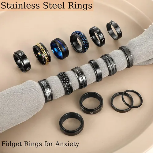 Miniatura 5 de Anillos negros de acero inoxidable para hombres, juego de anillos de promesa de boda para hombres, anillos de ansiedad simples y geniales
