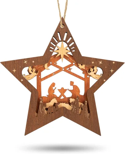 Creawoo Adornos de belén, adorno colgante de madera de Navidad en forma de estrella, recuerdo de belén para árbol de Navidad, decoración del