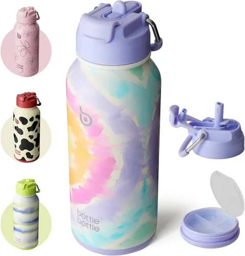 Miniatura 30 de BOTTLE BOTTLE Botella de agua deportiva de acero inoxidable de 32oz con aislamiento, botella de agua con pajita con diseño de tapa de doble uso