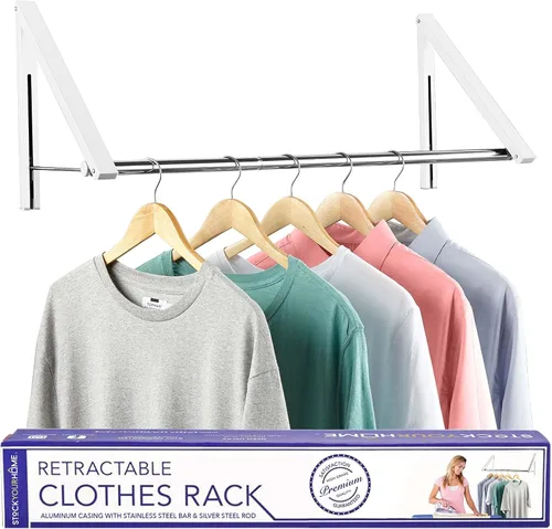 Miniatura 9 de Doble Perchero Plegable para Ropa con Barra Extensible, Perchero Retráctil Montado en Pared para Secador de Ropa, Barra de Secado Colgante, Pequeños